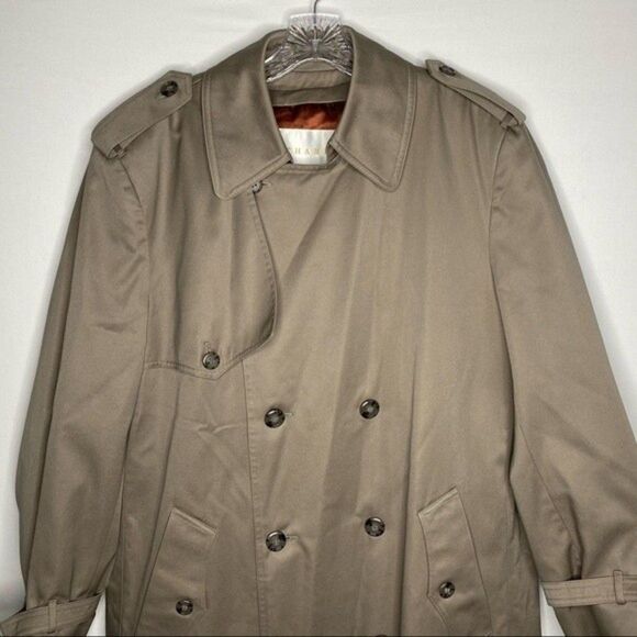 Vintage 80s London Fog Trench Coat Men 40R Beige Double Breasted Long Belt Liner - Picture 3 of 12